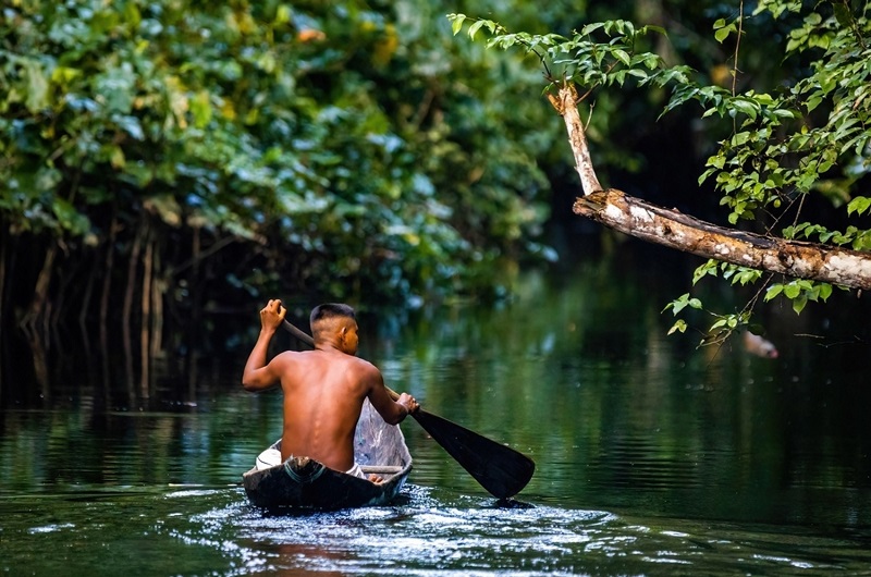 stock photo native tribal man swimming in amazonia rainforest in handmade boat 2102452261 transformed